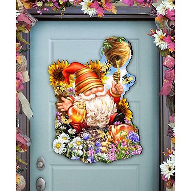 Honeycomb Gnome Dwarf 24-Inch Handcrafted Wooden Door Decor by D. Gelsinger - Spring Decor
