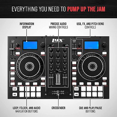 LyxJam 2-Deck DJ Controller with LCD Display, Portable Mixing Console DJ Controllers with Virtual DJ