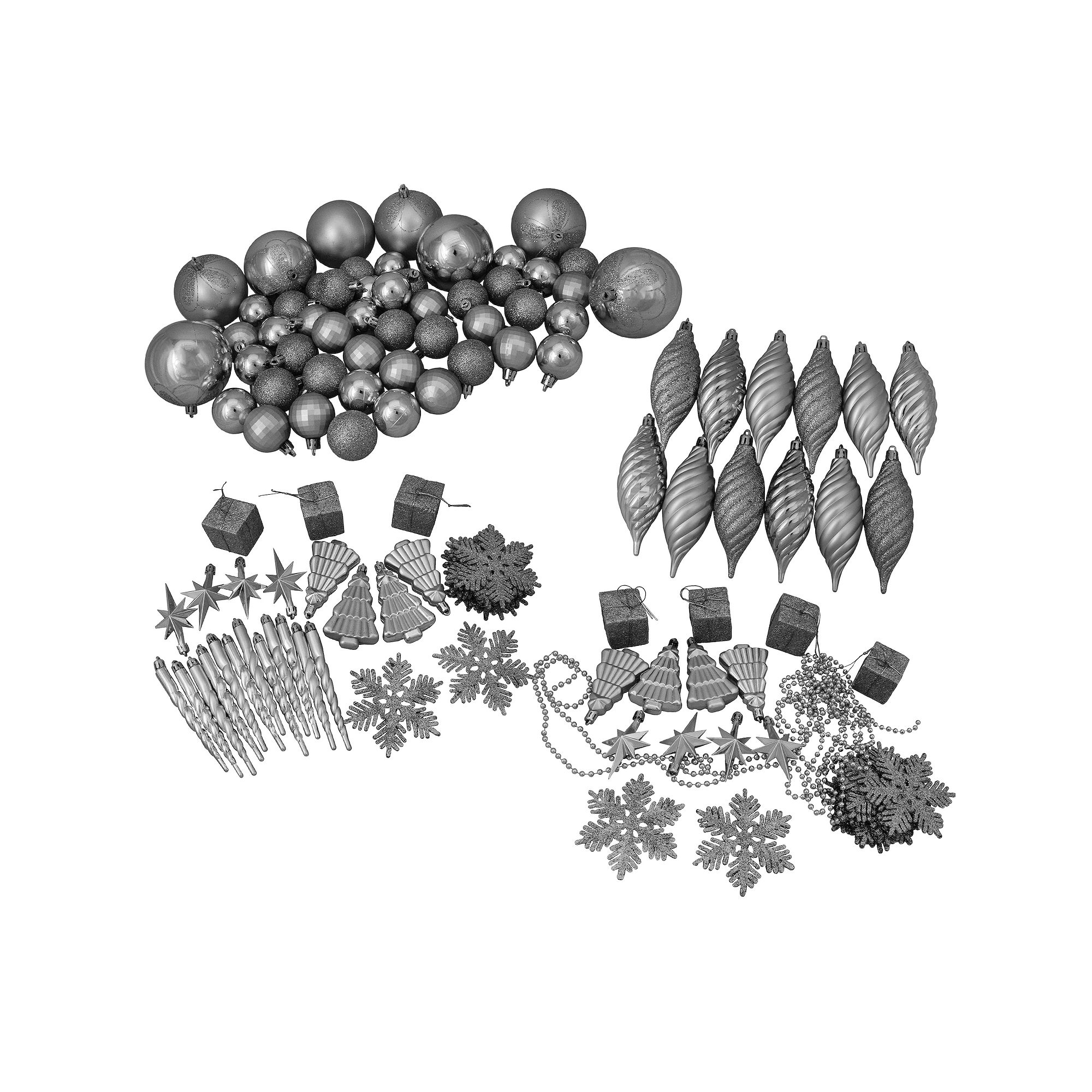 Northlight 125-Piece Splendor Silver Shatterproof 4-Finish Christmas Orname