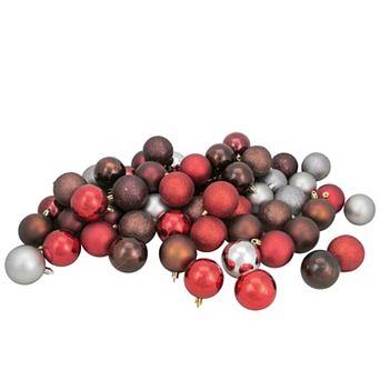 Northlight 60-Pack Mocha Brown Red and Silver Shatterproof 4-Finish Christmas Ball Ornaments