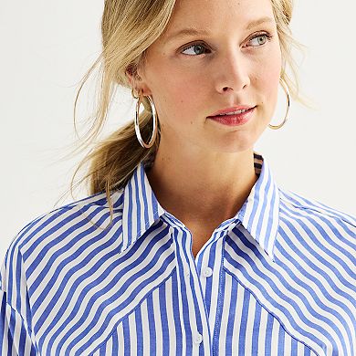 Women's Nine West Oversized Button Down Striped Collared Shirt