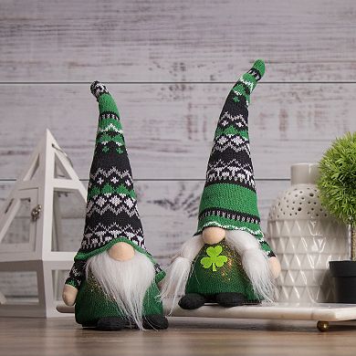 11.5" LED Lighted St. Patrick's Day Girl Gnome with Knitted Irish Fair Isle Hat