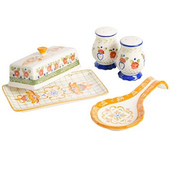 Laurie Gates Tierra 4 pc Hand Painted Ceramic Tableware Accessory Set