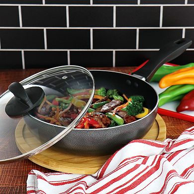 Oster Clairborne 9.5 Inch Non Stick Aluminum Wok with Lid in Granite Grey