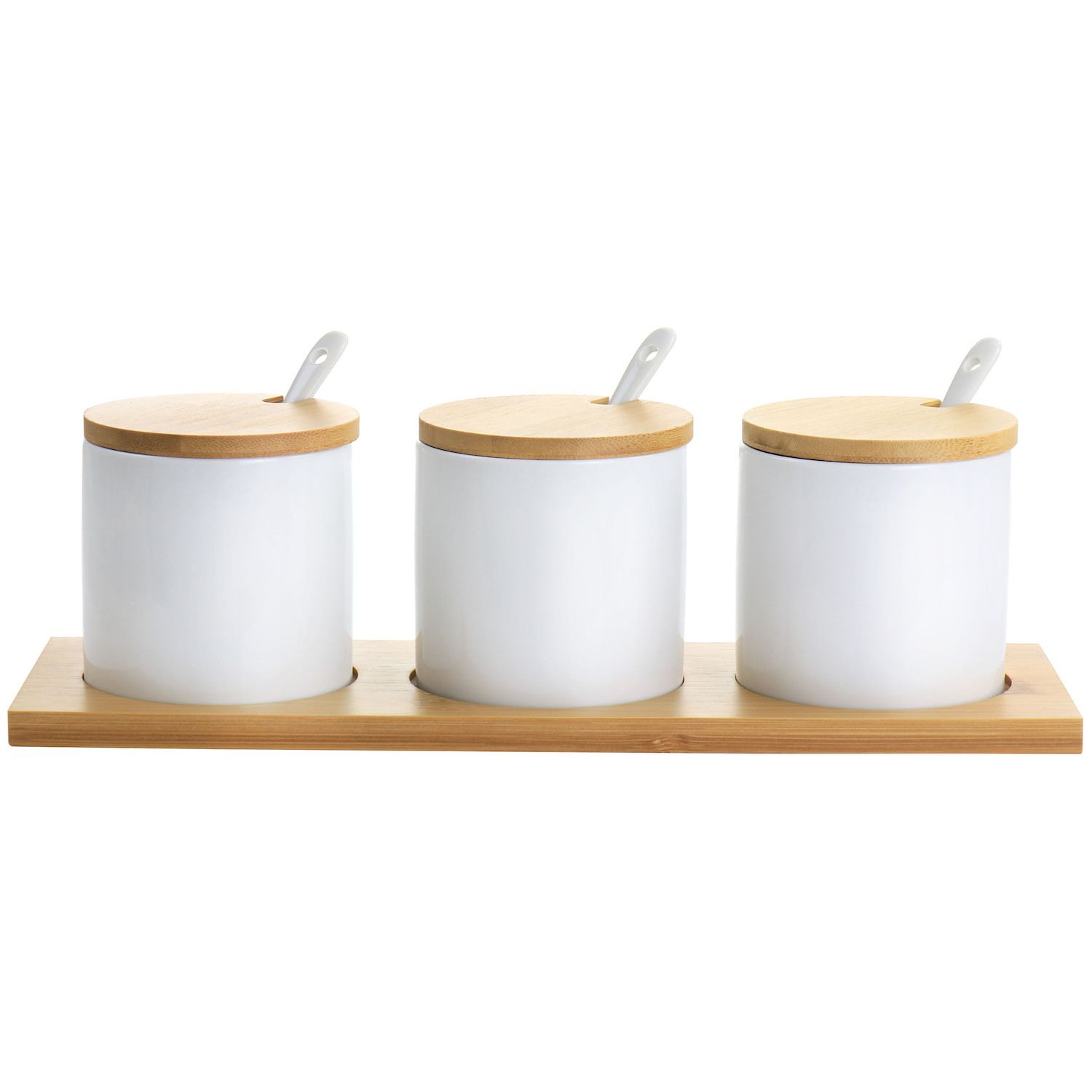 Kalmar Home Black Ceramic Condiment Set on Acacia Wood Base