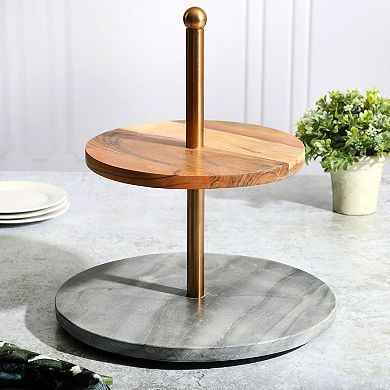 Laurie Gates California Designs Grey Marble and Acacia Wood 2 Tier Server