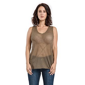 Miss Halladay Womens Olive Mesh Knit Tunic Tank Sweater Scoop Neck Front Cut Line