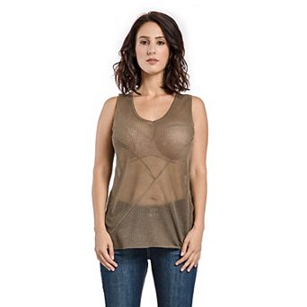 Miss Halladay Womens Olive Mesh Knit Tunic Tank Sweater Scoop Neck Front Cut Line