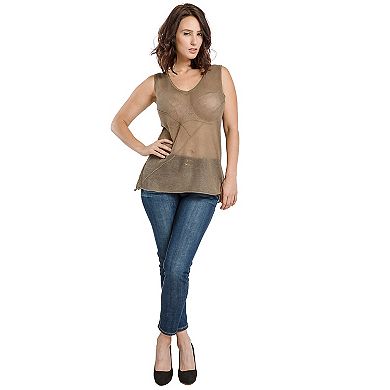 Miss Halladay Womens Olive Mesh Knit Tunic Tank Sweater Scoop Neck Front Cut Line