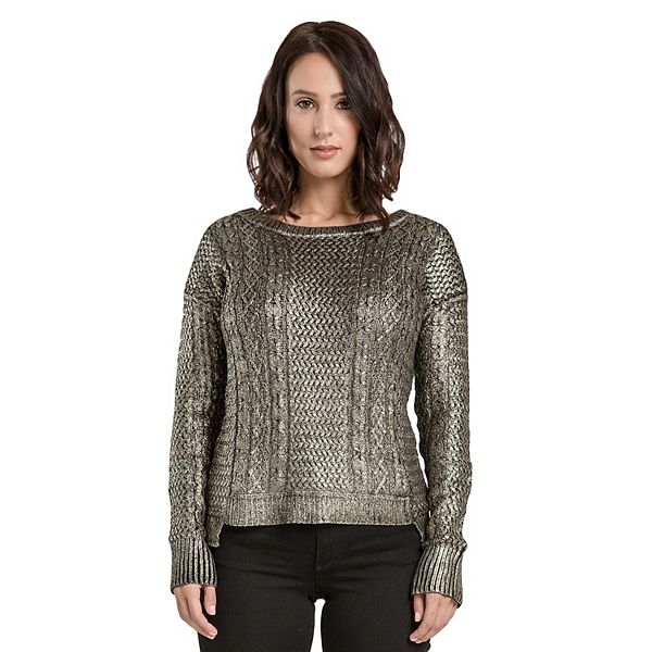 Women's Cotton Cable Knit Sweater Tops Scoop Neck Gold Metallic Coating