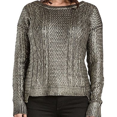 Women's Cotton Cable Knit Sweater Tops Scoop Neck Gold Metallic Coating