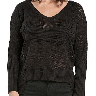 Women's Fancy Stitch Knit Sweater Hi-Low Hem V Shape Neckline