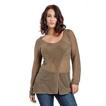 Women's Mesh Knit Long Sleeve Tunic Sweater Scoop Neck Crossover Panel