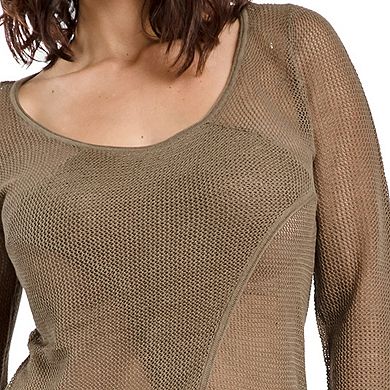 Women's Mesh Knit Long Sleeve Tunic Sweater Scoop Neck Crossover Panel