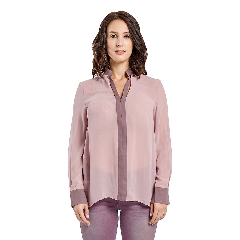 Miss Halladay women Berry Color Blocked Chiffon Blouse Mandarin collar ...