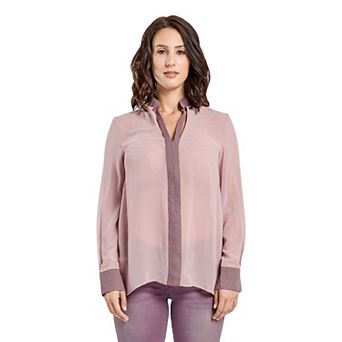 Miss Halladay women Berry Color Blocked Chiffon Blouse Mandarin collar ZipUp