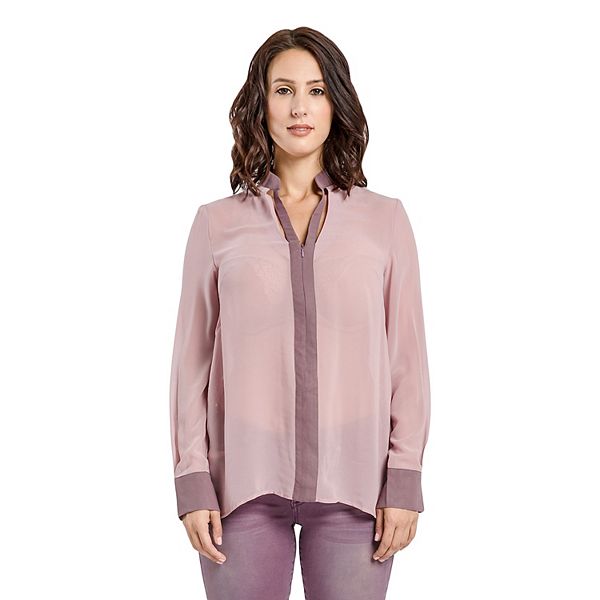 Miss Halladay women Berry Color Blocked Chiffon Blouse Mandarin