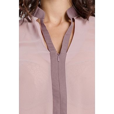 Miss Halladay women Berry Color Blocked Chiffon Blouse Mandarin collar ZipUp