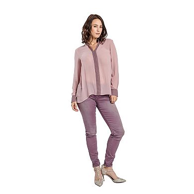 Miss Halladay women Berry Color Blocked Chiffon Blouse Mandarin collar ZipUp