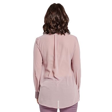 Miss Halladay women Berry Color Blocked Chiffon Blouse Mandarin collar ZipUp