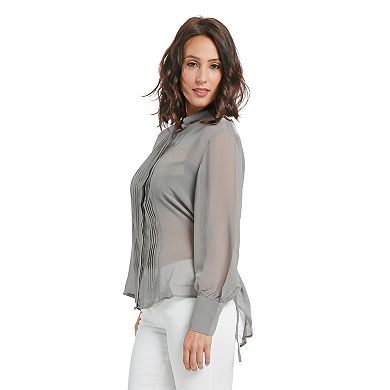 Women's Button Shirt Pintuck Front Barrel Sleeve Tied Waist