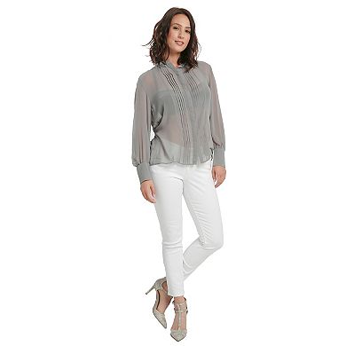 Women's Button Shirt Pintuck Front Barrel Sleeve Tied Waist