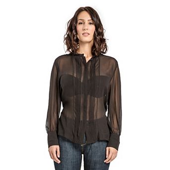 Women's Button Shirt Pintuck Front Barrel Sleeve Tied Waist