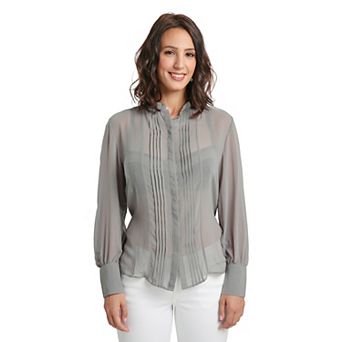 Women's Button Shirt Pintuck Front Barrel Sleeve Tied Waist