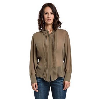 Women's Button Shirt Pintuck Front Barrel Sleeve Tied Waist