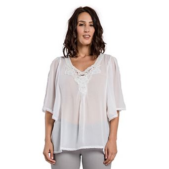 Women's Georgette Tunic Blouses Crochet Neckline & Hems Butterfly Sleeve