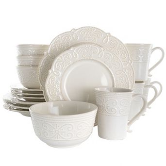 Elama Luna 16 pc Embossed Scalloped Stoneware Dinnerware Set in White
