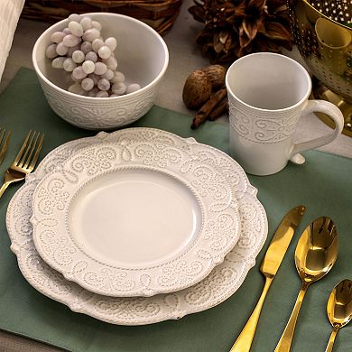 Elama Luna 16 Piece Embossed Scalloped Stoneware Dinnerware Set in White