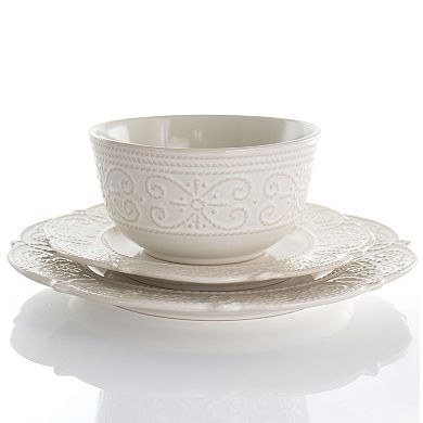 Elama Luna 16 Piece Embossed Scalloped Stoneware Dinnerware Set in White