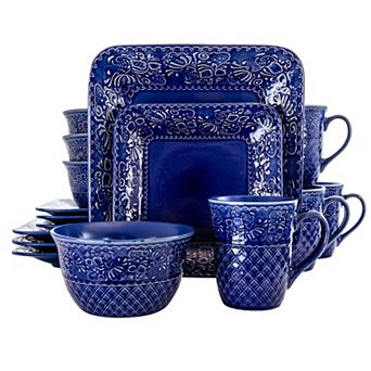 Elama Indigo Lotus 16 pc Square Dinnerware Set