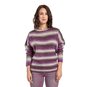 Women's Wool Blended Rib Sweater color gradation Stripe Raglan Batwing Long Sleeve