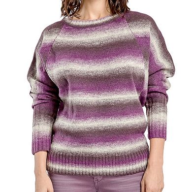 Women's Wool Blended Rib Sweater color gradation Stripe Raglan Batwing Long Sleeve