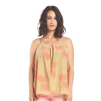 Miss Halladay Womens Gold Satin Camisole Tops Leaf Print Spaghetti Strap Pleated