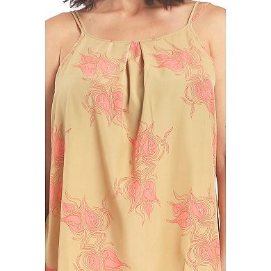 Miss Halladay Womens Gold Satin Camisole Tops Leaf Print Spaghetti Strap Pleated