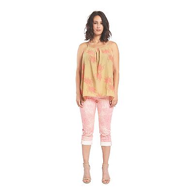 Miss Halladay Womens Gold Satin Camisole Tops Leaf Print Spaghetti Strap Pleated