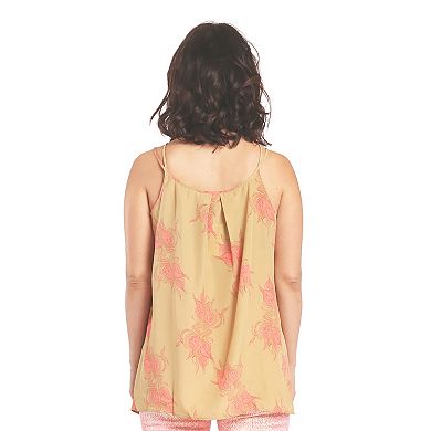 Miss Halladay Womens Gold Satin Camisole Tops Leaf Print Spaghetti Strap Pleated