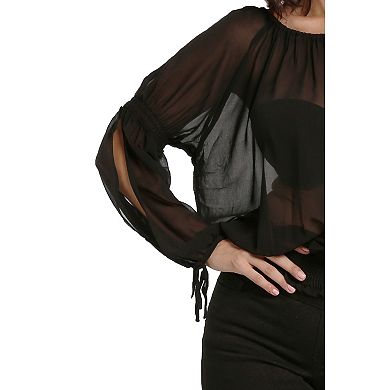 Women's Chiffon Peek-a-Boo Peasant Sleeve Blouses Elastic Waist