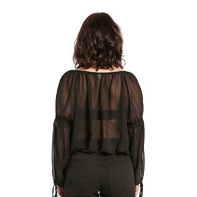 Women's Chiffon Peek-a-Boo Peasant Sleeve Blouses Elastic Waist