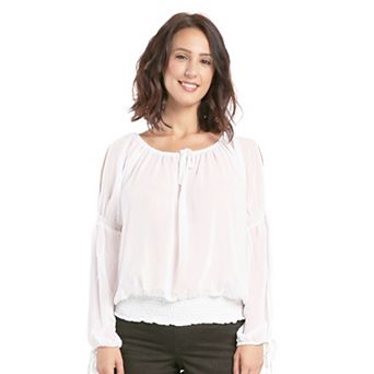 Women's Chiffon Peek-a-Boo Peasant Sleeve Blouses Elastic Waist