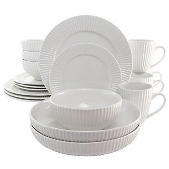 Elama Elle 18 pc Porcelain Dinnerware Set with 2 Large Serving Bowls in White