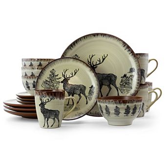 Elama Majestic Elk 16 pc Luxurious Stoneware Dinnerware with Complete Setting for 4