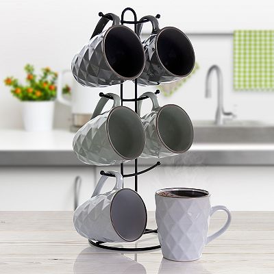 Elama Diamond Waves 6-Piece 12 oz. Mug Set with Stand, Assorted Colors