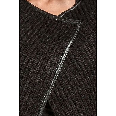 Women's Cotton Cable Knit Sweater Jacket Wrap Front Placket Vegan Leather Trim