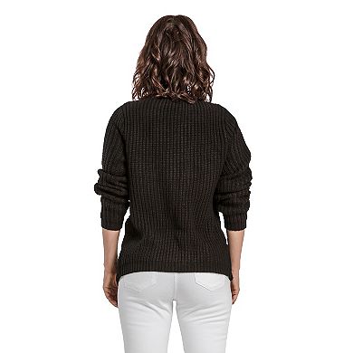 Women's Cotton Cable Knit Sweater Jacket Wrap Front Placket Vegan Leather Trim