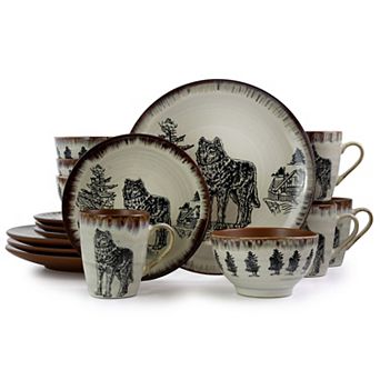 Elama Majestic Wolf 16 pc Luxurious Stoneware Dinnerware with Complete Setting for 4