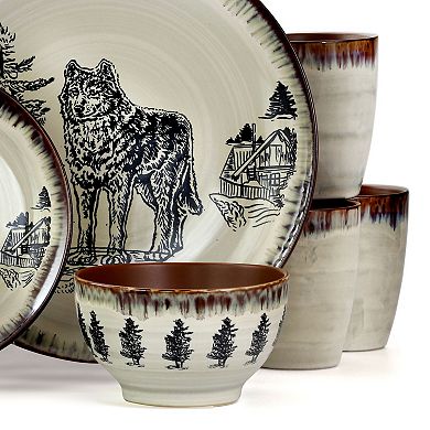 Elama Majestic Wolf 16 Piece Luxurious Stoneware Dinnerware with Complete Setting for 4